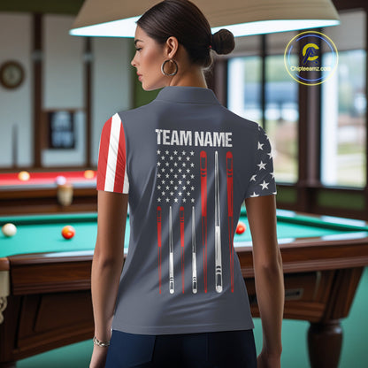 Woman wearing personalized navy American flag 8 ball pool billiard polo shirt back view.