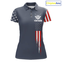 Load image into Gallery viewer, Personalized navy American flag 8 ball pool billiard team jersey polo shirt for women, custom patriotic pool league apparel and tournament jersey.