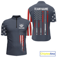 Load image into Gallery viewer, Personalized navy American flag 8 ball pool billiard quarter zip shirt for men, custom patriotic billiard team jersey.