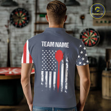 Load image into Gallery viewer, Man wearing personalized navy American flag darts polo shirt back view.