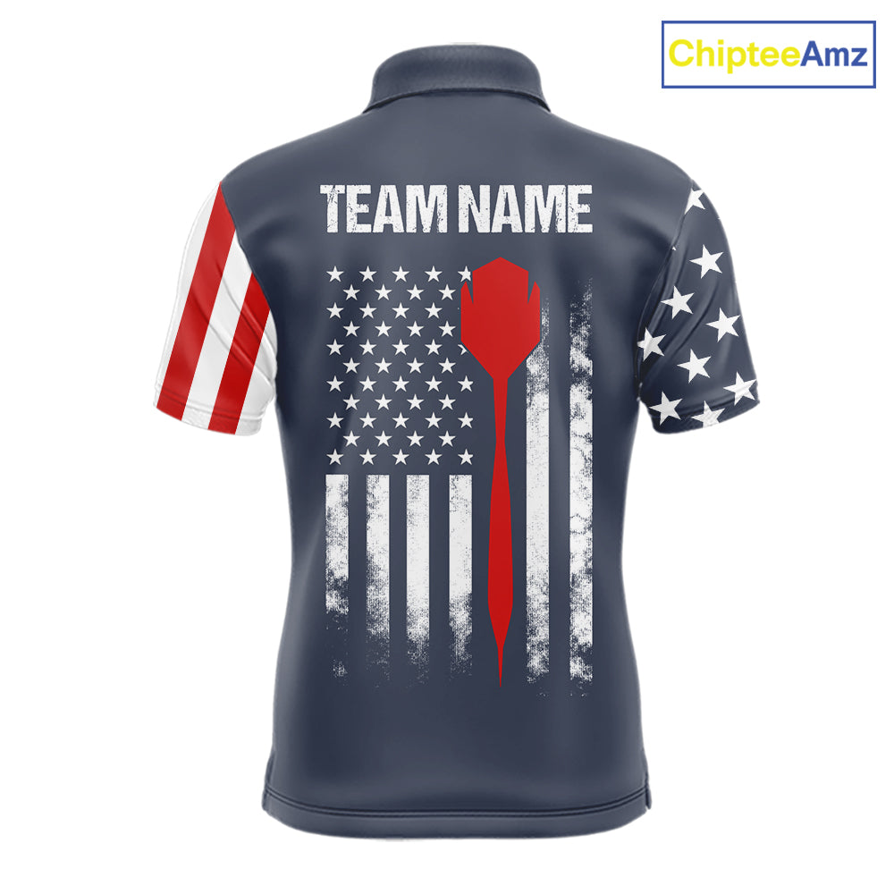 Personalized navy American flag patriotic darts team jersey polo shirt for men, custom darts league apparel and tournament jersey.