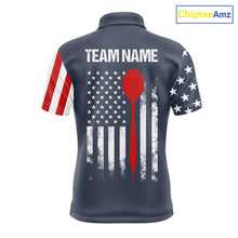 Load image into Gallery viewer, Personalized navy American flag patriotic darts team jersey polo shirt for men, custom darts league apparel and tournament jersey.