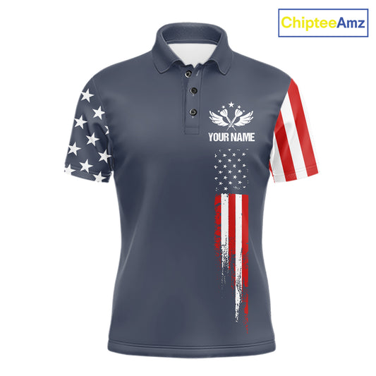 Personalized navy American flag patriotic darts team jersey polo shirt for men, custom darts league apparel and tournament jersey.