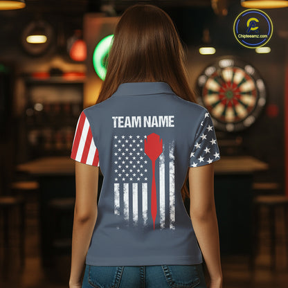 Woman wearing personalized navy American flag darts polo shirt back view.