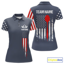 Load image into Gallery viewer, Personalized navy American flag patriotic darts team jersey polo shirt for women, custom darts league apparel and tournament jersey.