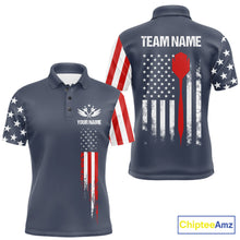 Load image into Gallery viewer, Personalized navy American flag patriotic darts team jersey polo shirt for men, custom darts league apparel and tournament jersey.