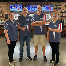 Load image into Gallery viewer, Darts team wearing matching navy American flag patriotic darts jerseys front view.
