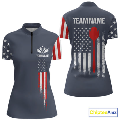 Personalized navy American flag patriotic darts quarter zip shirt for women, custom darts team jersey.