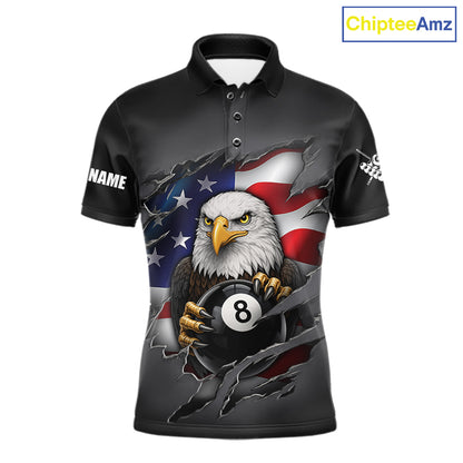 Grey American Flag Eagle 8 Ball Pool Billiard Shirts For Men Custom Patriotic Billiard Team Jersey TDM7169