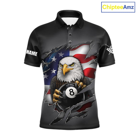 Grey American Flag Eagle 8 Ball Pool Billiard Shirts For Men Custom Patriotic Billiard Team Jersey TDM7169