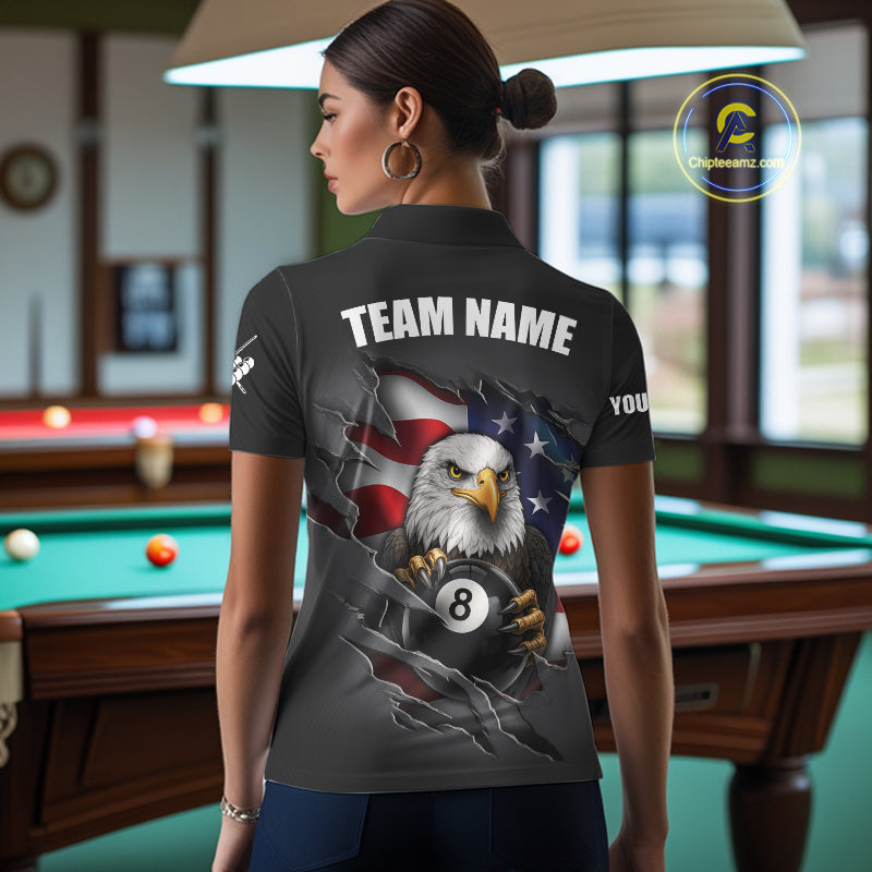 Grey American Flag Eagle 8 Ball Pool Billiard Shirts For Women Custom Patriotic Billiard Team Jersey TDM7169