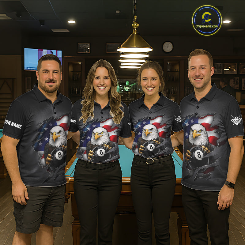 Grey American Flag Eagle 8 Ball Pool Billiard Shirts For Women Custom Patriotic Billiard Team Jersey TDM7169