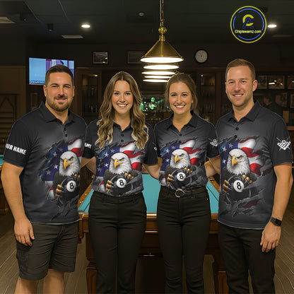Grey American Flag Eagle 8 Ball Pool Billiard Shirts For Women Custom Patriotic Billiard Team Jersey TDM7169