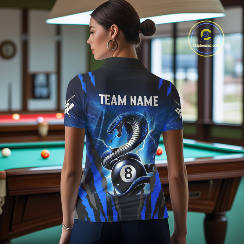 Personalized Thunder Lightning Cobra Snake Women Billiard Shirts, 8 Ball Billiard Team Jerseys |Blue TDM2680