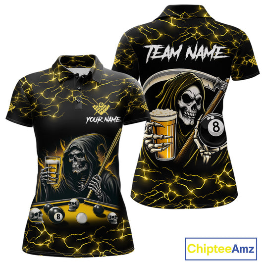 Yellow Funny Grim Reaper & Beer Billiard Shirts For Women Custom 8 Ball Lightning Billiard Jerseys TDM2939