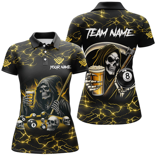 Yellow Funny Death Skeleton & Beer Billiard Shirts For Women Custom 8 Ball Lightning Billiard Jerseys TDM2939