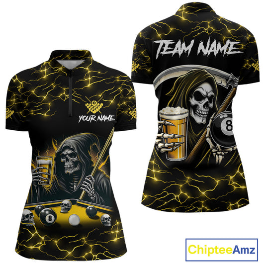 Yellow Funny Grim Reaper & Beer Billiard Shirts For Women Custom 8 Ball Lightning Billiard Jerseys TDM2939