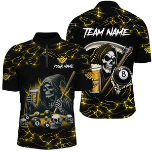 Yellow Funny Death Skeleton & Beer Billiard Shirts For Men Custom 8 Ball Lightning Billiard Jerseys TDM2939