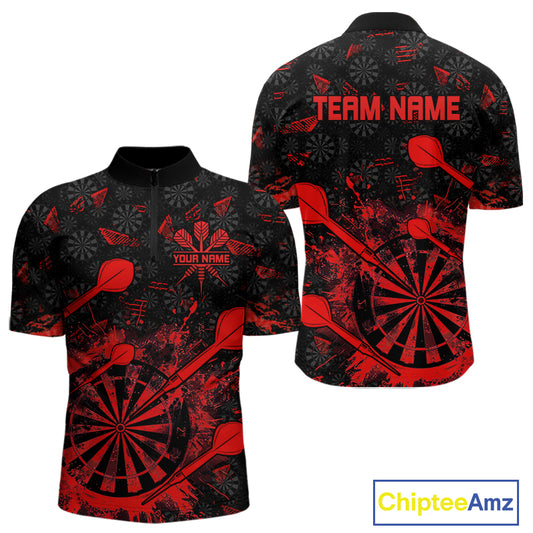 Black And Red Grunge Darts Polo, Quarter Zip For Men Custom Dart Shirts For Team, Dart Jerseys TDM5152