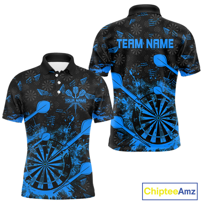 Black And Blue Grunge Darts Polo, Quarter Zip For Men Custom Dart Shirts For Team, Dart Jerseys TDM5153
