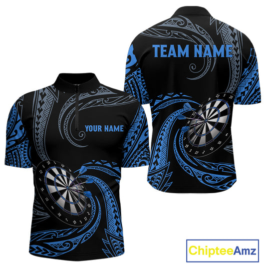 Personalized Blue Tribal Polynesian Mens Dart Shirts Custom Darts Polo & 1/4 Zip Team Jersey TDM5154