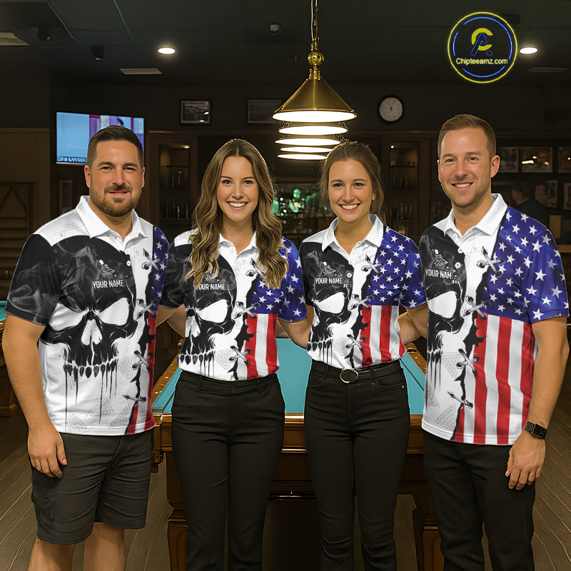 American Flag Smoke Skull Billiard Shirt For Women Custom 8 Ball Pool Team Jersey Polo & 1/4 Zip TDM6285