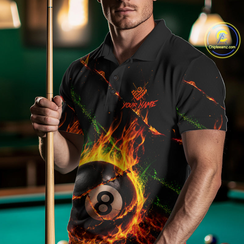 Man wearing a crack fire flame 8 ball billiard jersey beside a pool table front view.