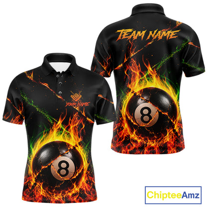Crack fire flame 8 ball pool billiard polo shirt for men with custom team graphics.