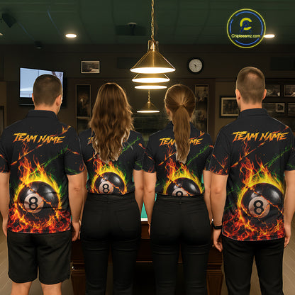 Back view of pool players wearing matching crack fire flame 8 ball billiard shirts in a game room.