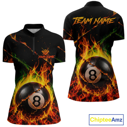 Crack fire flame 8 ball pool billiard quarter zip shirt for women designed for tournaments and league play.