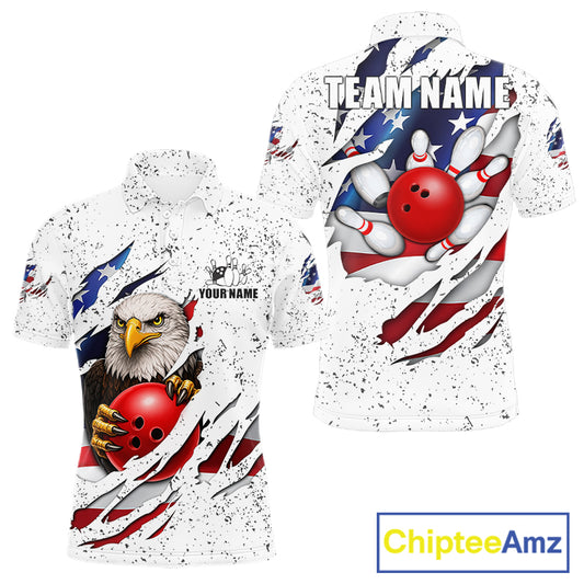 White grunge American flag eagle bowling polo shirt for men with patriotic team graphics.