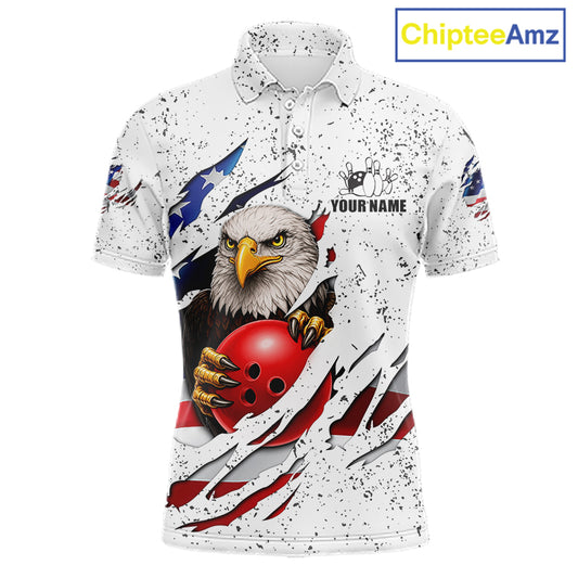 White grunge American flag eagle bowling polo shirt for men with patriotic team graphics.