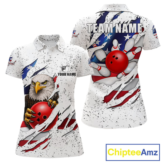 White grunge American flag eagle bowling polo shirt for women with patriotic team graphics.