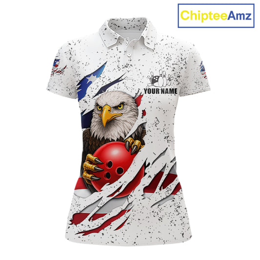 White grunge American flag eagle bowling polo shirt for women with patriotic team graphics.