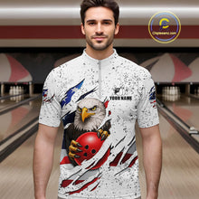 Load image into Gallery viewer, Man wearing a white grunge American flag eagle bowling quarter zip jersey during league competition front view.