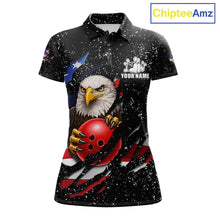 Load image into Gallery viewer, Black grunge American flag eagle bowling polo shirt for women with patriotic team graphics.