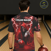 Load image into Gallery viewer, Man wearing red grim reaper thunder lightning bowling Hawaiian shirt back view.