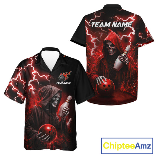 Red grim reaper thunder lightning bowling Hawaiian shirt front and back view for men and women, custom bowling league aloha shirt with skull and red lightning artwork.
