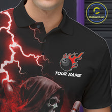 Load image into Gallery viewer, Close-up of the collar, buttons and chest detail on the red grim reaper lightning bowling polo shirt for men.