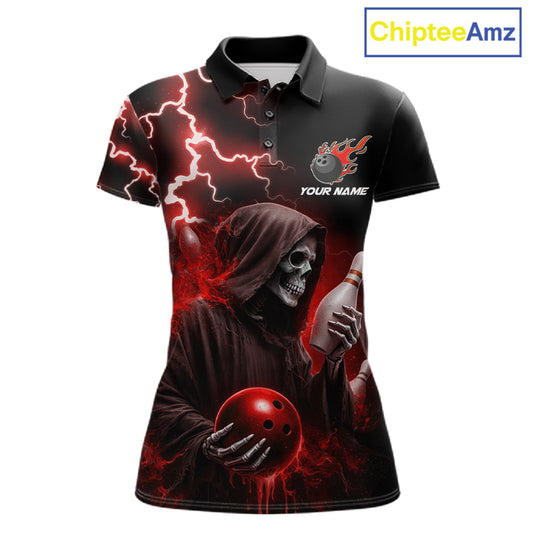 Red grim reaper lightning bowling team jersey polo shirt for women, custom bowling league apparel with skull artwork and bold lightning design.
