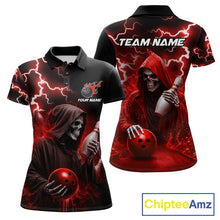 Load image into Gallery viewer, Red grim reaper lightning bowling team jersey polo shirt for women, custom bowling league apparel with skull artwork and bold lightning design.