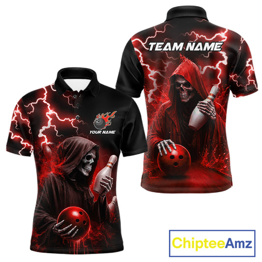 Red grim reaper lightning bowling team jersey polo shirt for men, custom bowling league apparel with skull artwork and bold lightning design.