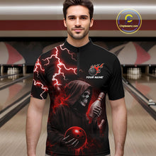 Load image into Gallery viewer, Man wearing red grim reaper lightning bowling quarter zip shirt front view.