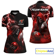 Load image into Gallery viewer, Red grim reaper lightning bowling team quarter zip shirt for women, custom bowling league jersey with grim reaper graphics.