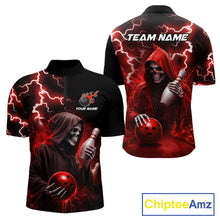 Load image into Gallery viewer, Red grim reaper lightning bowling team quarter zip shirt for men, custom bowling league jersey with grim reaper graphics.