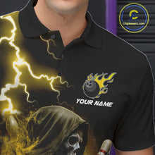 Load image into Gallery viewer, Close-up of the collar, buttons and chest detail on the yellow grim reaper lightning bowling polo shirt for men.