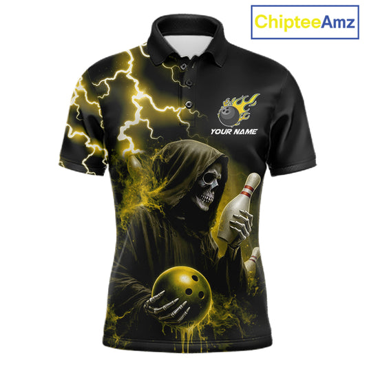 Yellow grim reaper lightning bowling team jersey polo shirt for men, custom bowling league apparel with skull design and tournament-ready style.