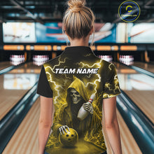 Load image into Gallery viewer, Woman wearing yellow grim reaper lightning bowling polo shirt back view.