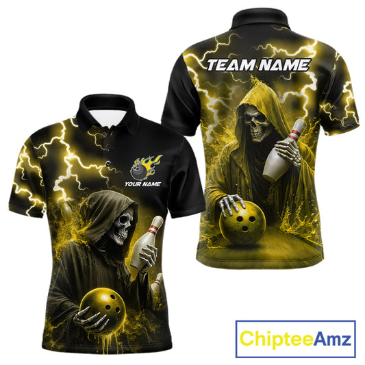 Yellow grim reaper lightning bowling team jersey polo shirt for men, custom bowling league apparel with skull design and tournament-ready style.