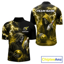 Load image into Gallery viewer, Yellow grim reaper lightning bowling team quarter zip shirt for men, custom bowling league jersey with grim reaper artwork.